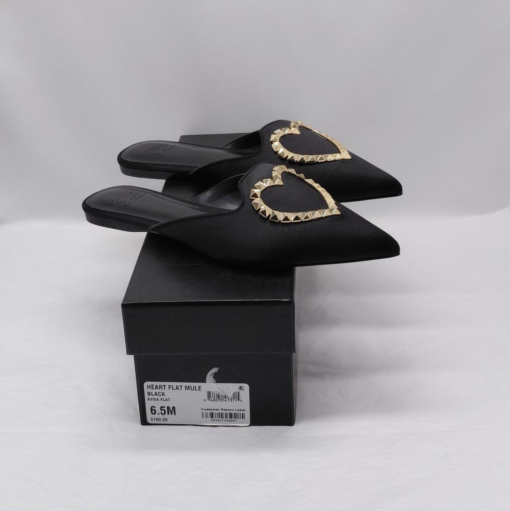 AAJ by Aminah Aviva Heart Mule Flats Womens 6.5 Black Gold Pointed Toe Shoes